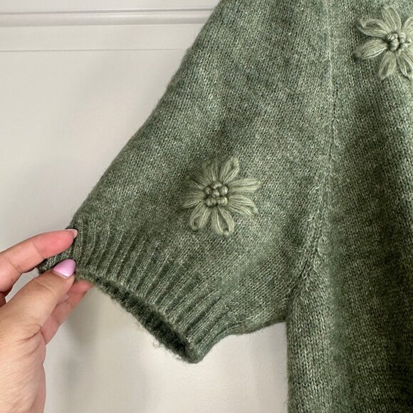 Wool-Blend Green Round Neck Flower Knitted Short Sleeve Top - NEW - Picture 15 of 15